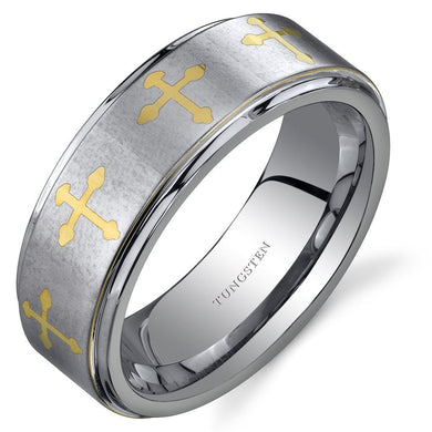 Tungsten Rings for Men Wedding Bands for Him Womens Wedding Bands for Her 6mm Brushed with Gold Cross - Jewelry Store by Erik Rayo