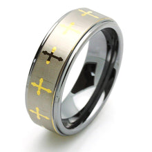 Load image into Gallery viewer, Tungsten Rings for Men Wedding Bands for Him Womens Wedding Bands for Her 6mm Brushed with Gold Cross - Jewelry Store by Erik Rayo
