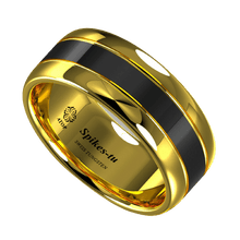 Load image into Gallery viewer, Tungsten Rings for Men Wedding Bands for Him Womens Wedding Bands for Her 6mm Dome Polish Gold Black Center - Jewelry Store by Erik Rayo
