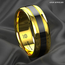 Load image into Gallery viewer, Tungsten Rings for Men Wedding Bands for Him Womens Wedding Bands for Her 6mm Dome Polish Gold Black Center - Jewelry Store by Erik Rayo
