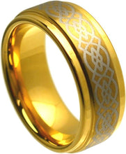 Load image into Gallery viewer, Tungsten Rings for Men Wedding Bands for Him Womens Wedding Bands for Her 6mm Gold Plated Brushed Center Celtic Design - Jewelry Store by Erik Rayo
