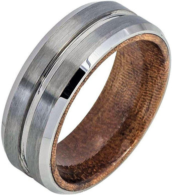 Tungsten Rings for Men Wedding Bands for Him Womens Wedding Bands for Her 6mm Grooved Center Brushed Finish Beveled Wood Inside - Jewelry Store by Erik Rayo