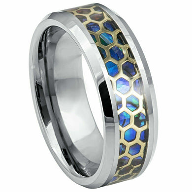Tungsten Rings for Men Wedding Bands for Him Womens Wedding Bands for Her 6mm Honeycomb Cut Out Over Abalone Inlay Yellow Gold - Jewelry Store by Erik Rayo