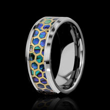 Load image into Gallery viewer, Tungsten Rings for Men Wedding Bands for Him Womens Wedding Bands for Her 6mm Honeycomb Cut Out Over Abalone Inlay Yellow Gold - Jewelry Store by Erik Rayo
