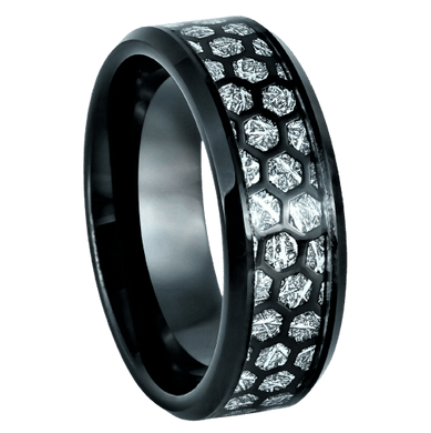 Tungsten Rings for Men Wedding Bands for Him Womens Wedding Bands for Her 6mm Honeycomb Cut Out Over Meteorite Inlay - Jewelry Store by Erik Rayo