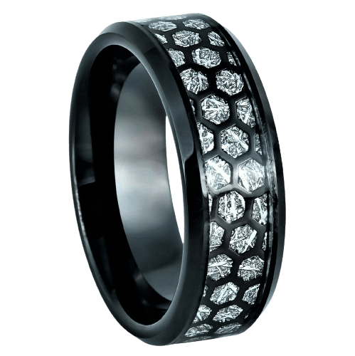 Tungsten Rings for Men Wedding Bands for Him Womens Wedding Bands for Her 6mm Honeycomb Cut Out Over Meteorite Inlay - Jewelry Store by Erik Rayo