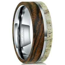 Load image into Gallery viewer, Men&#39;s Wedding Band Rings - Offset Deer Antler and Bocote Wood Wedding Ring for Men and Women
