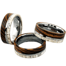 Load image into Gallery viewer, Mens Wedding Band Rings for Men Wedding Rings for Womens / Mens Rings Offset Deer Antler and Bocote Wood Wedding Band - Jewelry Store by Erik Rayo
