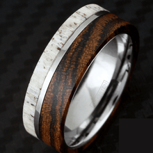 Load image into Gallery viewer, Mens Wedding Band Rings for Men Wedding Rings for Womens / Mens Rings Offset Deer Antler and Bocote Wood Wedding Band - Jewelry Store by Erik Rayo
