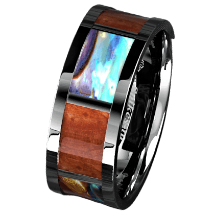 Men's Wedding Band Rings - Real Wood Abalone Shell with Opal - Wedding Rings for Men and Women