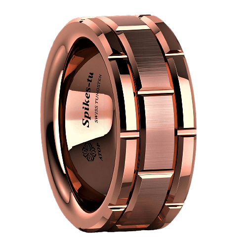 Tungsten Rings for Men Wedding Bands for Him Womens Wedding Bands for Her 6mm Rose Gold Bushed Brick Pattern - Jewelry Store by Erik Rayo