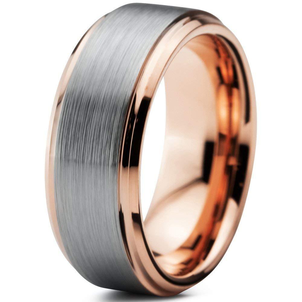 Tungsten Rings for Men Wedding Bands for Him Womens Wedding Bands for Her 6mm Rose Gold Inner with Silver Brushed Finish - Jewelry Store by Erik Rayo