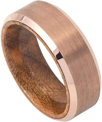 Tungsten Rings for Men Wedding Bands for Him Womens Wedding Bands for Her 6mm Rose Gold IP Brushed Finish Wood Inside - Jewelry Store by Erik Rayo