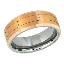 Load image into Gallery viewer, Tungsten Rings for Men Wedding Bands for Him Womens Wedding Bands for Her 6mm Rose Gold IP Brushed Grooved Center Rectangles - Jewelry Store by Erik Rayo
