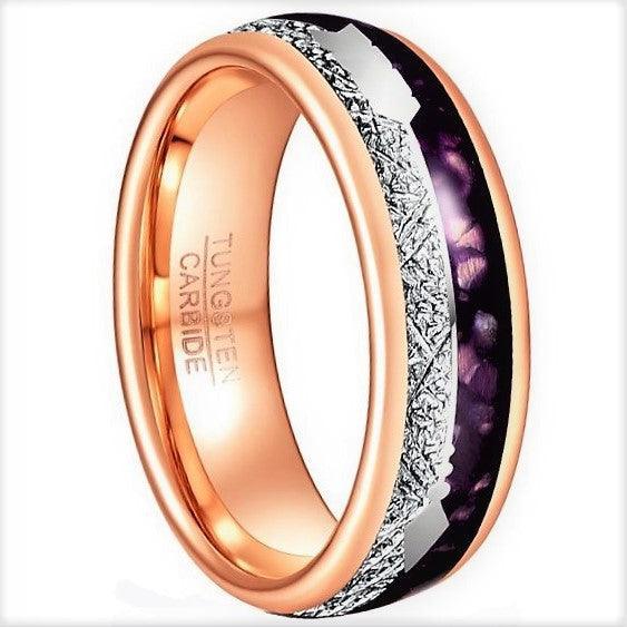 Tungsten Rings for Men Wedding Bands for Him Womens Wedding Bands for Her 6mm Rose Gold Purple Agate Meteorite Arrow - Jewelry Store by Erik Rayo