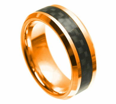 Tungsten Rings for Men Wedding Bands for Him Womens Wedding Bands for Her 6mm Rose Gold with Carbon Fiber Inlay - Jewelry Store by Erik Rayo