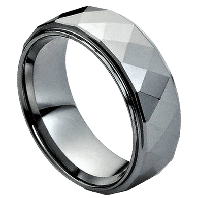 Tungsten Rings for Men Wedding Bands for Him Womens Wedding Bands for Her 6mm Shiny Facet Diamond Cut Design - Jewelry Store by Erik Rayo