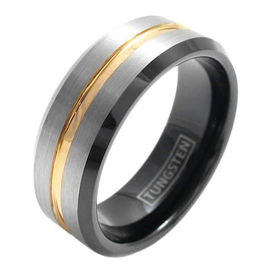 Tungsten Rings for Men Wedding Bands for Him Womens Wedding Bands for Her 6mm Silver Brushed Black Edge Gold Stripe - Jewelry Store by Erik Rayo
