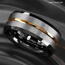 Load image into Gallery viewer, Tungsten Rings for Men Wedding Bands for Him Womens Wedding Bands for Her 6mm Silver Brushed Black Edge Gold Stripe - Jewelry Store by Erik Rayo
