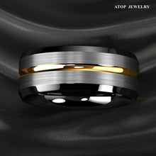 Load image into Gallery viewer, Tungsten Rings for Men Wedding Bands for Him Womens Wedding Bands for Her 6mm Silver Brushed Black Edge Gold Stripe - Jewelry Store by Erik Rayo

