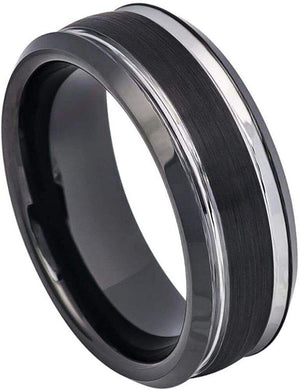 Tungsten Rings for Men Wedding Bands for Him Womens Wedding Bands for Her 6mm Two-Tone Black IP Brushed Center Steel - Jewelry Store by Erik Rayo