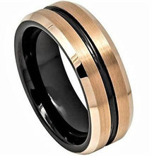 Load image into Gallery viewer, Tungsten Rings for Men Wedding Bands for Him Womens Wedding Bands for Her 6mm Two-tone Black With Brushed Rose Gold - Jewelry Store by Erik Rayo

