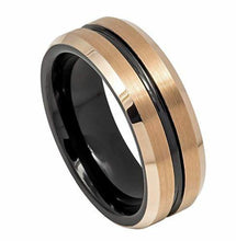 Load image into Gallery viewer, Tungsten Rings for Men Wedding Bands for Him Womens Wedding Bands for Her 6mm Two-tone Black With Brushed Rose Gold - Jewelry Store by Erik Rayo
