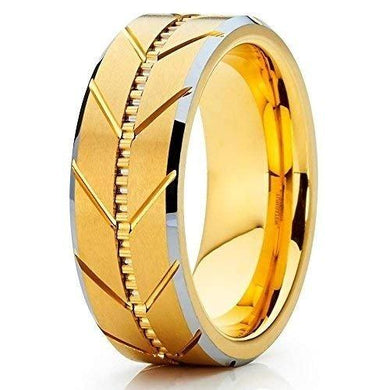Tungsten Rings for Men Wedding Bands for Him Womens Wedding Bands for Her 6mm Yellow Gold IP Plated Flat Brushed Center Arrows - Jewelry Store by Erik Rayo