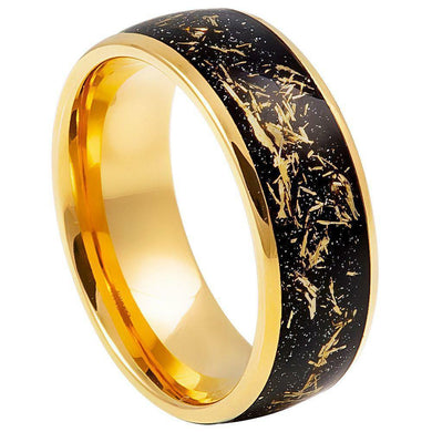 Tungsten Rings for Men Wedding Bands for Him Womens Wedding Bands for Her 6mm Yellow Gold Meteorite Black Inlay - Jewelry Store by Erik Rayo