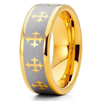 Tungsten Rings for Men Wedding Bands for Him Womens Wedding Bands for Her 6mm Yellow Gold Tone IP Crosses - Jewelry Store by Erik Rayo