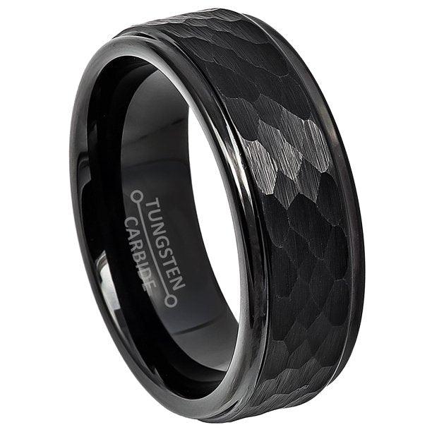 Tungsten Rings for Men Wedding Bands for Him Womens Wedding Bands for Her 8mm All Black Brushed Hammered Center - Jewelry Store by Erik Rayo