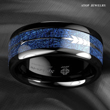 Load image into Gallery viewer, Tungsten Rings for Men Wedding Bands for Him Womens Wedding Bands for Her 8mm Arrow Dome Black Multidimensional Blue - Jewelry Store by Erik Rayo
