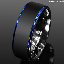 Load image into Gallery viewer, Mens Wedding Band Rings for Men Wedding Rings for Womens / Mens Rings Black Brushed Blue Stripe - Jewelry Store by Erik Rayo
