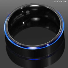 Load image into Gallery viewer, Tungsten Rings for Men Wedding Bands for Him Womens Wedding Bands for Her 8mm Black Brushed Blue Stripe - Jewelry Store by Erik Rayo
