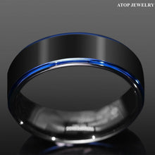 Load image into Gallery viewer, Tungsten Rings for Men Wedding Bands for Him Womens Wedding Bands for Her 8mm Black Brushed Blue Stripe - Jewelry Store by Erik Rayo
