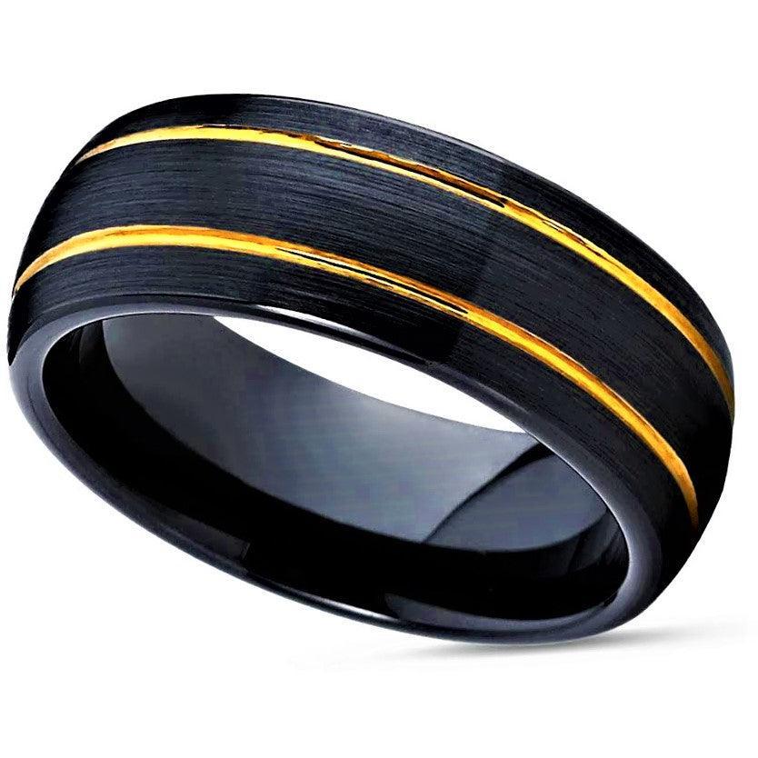 Tungsten Rings for Men Wedding Bands for Him Womens Wedding Bands for Her 8mm Black Brushed Dome 18k Gold Plated - Jewelry Store by Erik Rayo