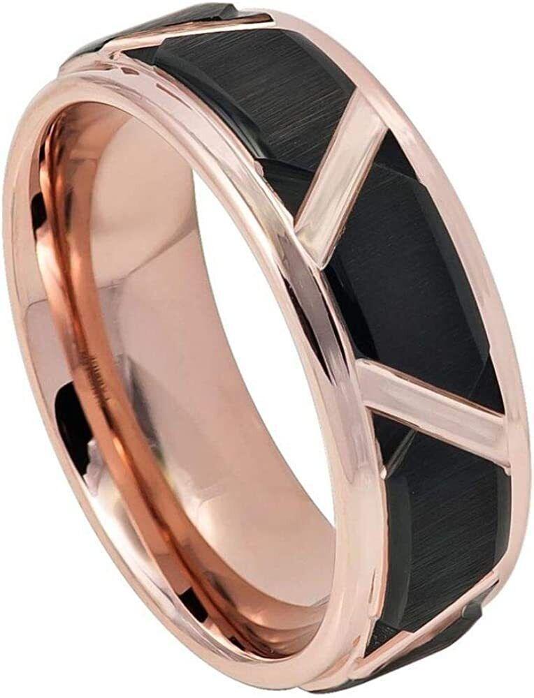 Tungsten Rings for Men Wedding Bands for Him Womens Wedding Bands for Her 8mm Black Brushed Trapezoid Center Rose Gold - ErikRayo.com