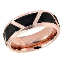 Load image into Gallery viewer, Tungsten Rings for Men Wedding Bands for Him Womens Wedding Bands for Her 8mm Black Brushed Trapezoid Center Rose Gold - Jewelry Store by Erik Rayo
