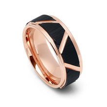 Load image into Gallery viewer, Tungsten Rings for Men Wedding Bands for Him Womens Wedding Bands for Her 8mm Black Brushed Trapezoid Center Rose Gold - ErikRayo.com
