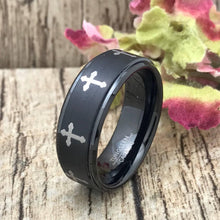 Load image into Gallery viewer, Tungsten Rings for Men Wedding Bands for Him Womens Wedding Bands for Her 8mm Black Crosses IP Plated Flat Brushed Center - Jewelry Store by Erik Rayo
