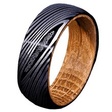 Load image into Gallery viewer, Tungsten Rings for Men Wedding Bands for Him Womens Wedding Bands for Her 8mm Black Damascus Steel with Whiskey Barrel Wood Sleeve Ring - ErikRayo.com
