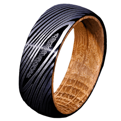 Mens Wedding Band Rings for Men Wedding Rings for Womens / Mens Rings Black Damascus Steel with Whiskey Barrel Wood Sleeve Ring - Jewelry Store by Erik Rayo