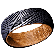 Load image into Gallery viewer, Tungsten Rings for Men Wedding Bands for Him Womens Wedding Bands for Her 8mm Black Damascus Steel with Whiskey Barrel Wood Sleeve Rings - Jewelry Store by Erik Rayo
