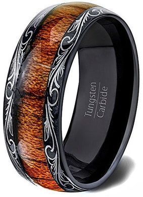 Mens Wedding Band Rings for Men Wedding Rings for Womens / Mens Rings Black Koa Wood Inlay Dome Flower Design - Jewelry Store by Erik Rayo