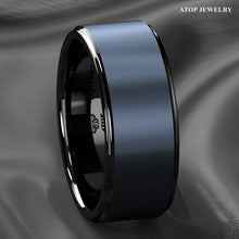 Load image into Gallery viewer, Tungsten Rings for Men Wedding Bands for Him Womens Wedding Bands for Her 8mm Black Sea Blue Brushed Center - Jewelry Store by Erik Rayo
