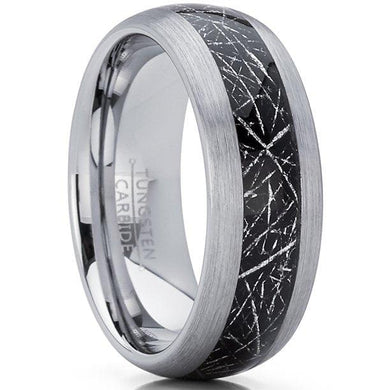 Tungsten Rings for Men Wedding Bands for Him Womens Wedding Bands for Her 8mm Black Silver Meteorite Inlay - Jewelry Store by Erik Rayo