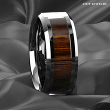 Load image into Gallery viewer, Tungsten Rings for Men Wedding Bands for Him Womens Wedding Bands for Her 8mm Black Wood Inlay Beveled Edge - Jewelry Store by Erik Rayo
