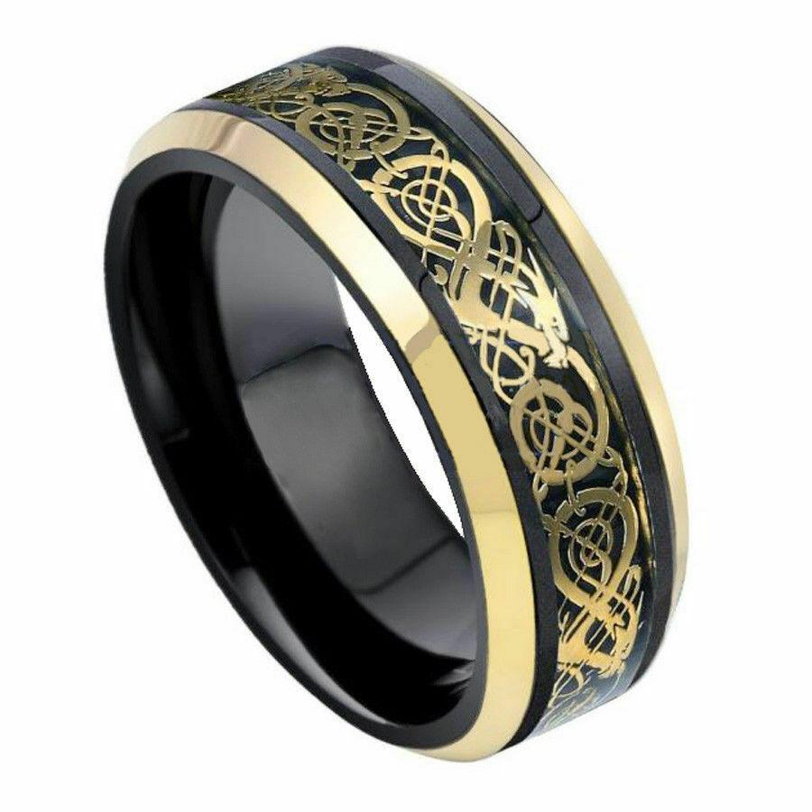 Mens Wedding Band Rings for Men Wedding Rings for Womens / Mens Rings Black Yellow Gold Loyal Celtic Dragon Knot - Jewelry Store by Erik Rayo