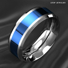 Load image into Gallery viewer, Tungsten Rings for Men Wedding Bands for Him Womens Wedding Bands for Her 8mm Blue Center Silver Brushed Edge - Jewelry Store by Erik Rayo
