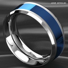 Load image into Gallery viewer, Tungsten Rings for Men Wedding Bands for Him Womens Wedding Bands for Her 8mm Blue Center Silver Brushed Edge - Jewelry Store by Erik Rayo
